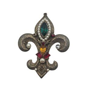 Vintage Weiss Fleur-De-Lis Brooch Pin W/ Faux Pearls & Multicolor Rhinestones